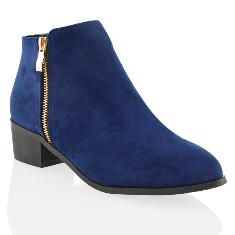 Alberto Zip Up Ankle Boots With Low Block Heel in Navy Faux Suede sold by XYlondon