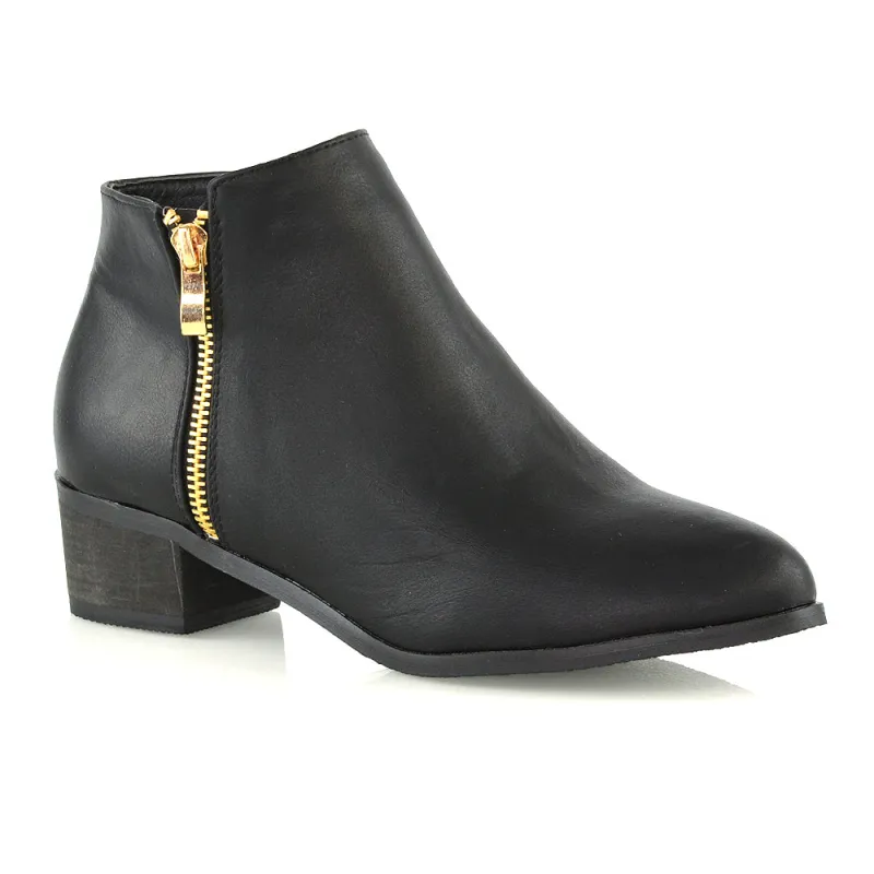 Alberto Zip Up Ankle Boots With Low Block Heel in Black Synthetic Leather sold by XYlondon