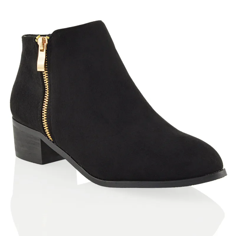 Alberto Zip Up Ankle Boots With Low Block Heel in Black Faux Suede sold by XYlondon