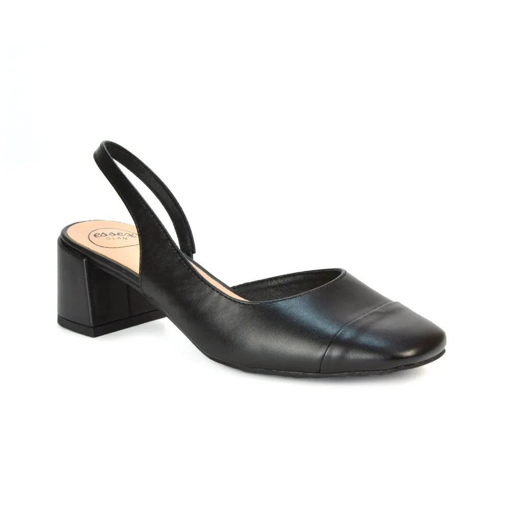 Kyla Low Block Heels Square Toe Slingback Court Shoes in Black Synthetic Leather sold by XYlondon product image thumbnail 3