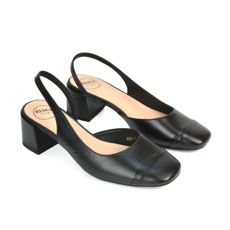 Kyla Low Block Heels Square Toe Slingback Court Shoes in Black Synthetic Leather sold by XYlondon