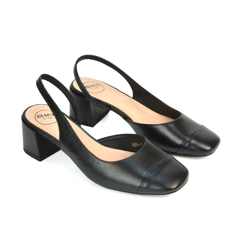 Kyla Low Block Heels Square Toe Slingback Court Shoes in Black Synthetic Leather sold by XYlondon