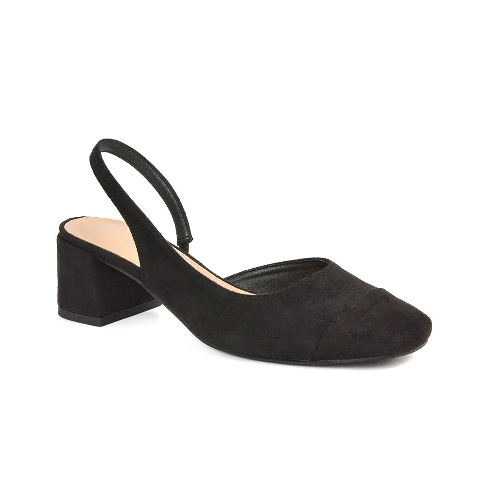 Kyla Low Block Heels Square Toe Slingback Court Shoes in Black Faux Suede sold by XYlondon product image thumbnail 3