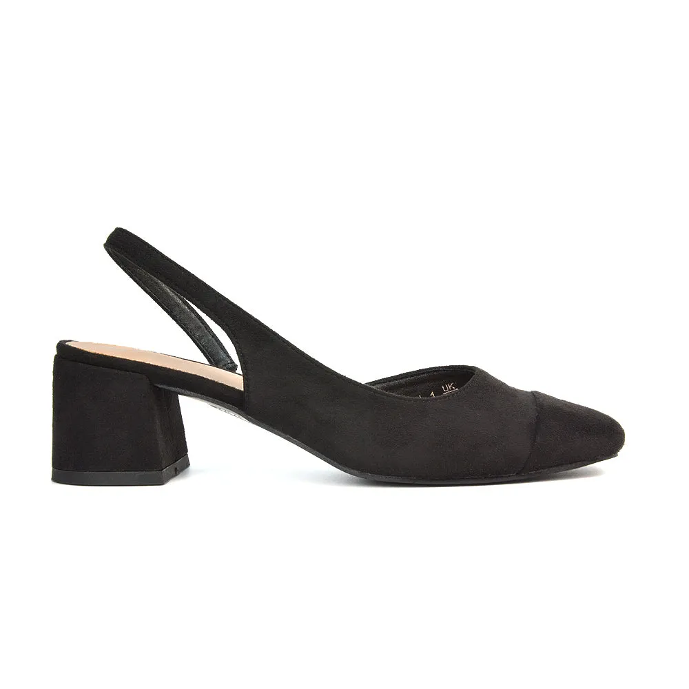 Kyla Low Block Heels Square Toe Slingback Court Shoes in Black Faux Suede sold by XYlondon product image thumbnail 4