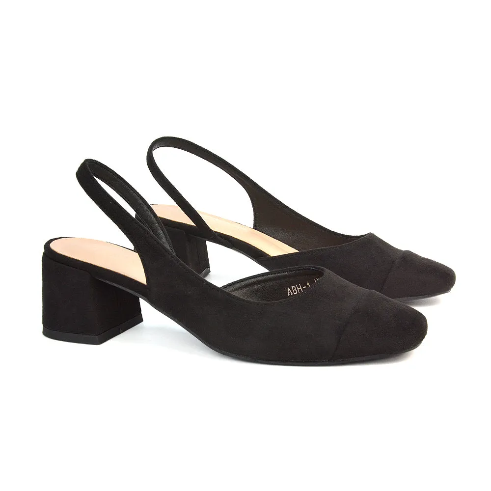 Kyla Low Block Heels Square Toe Slingback Court Shoes in Black Faux Suede sold by XYlondon