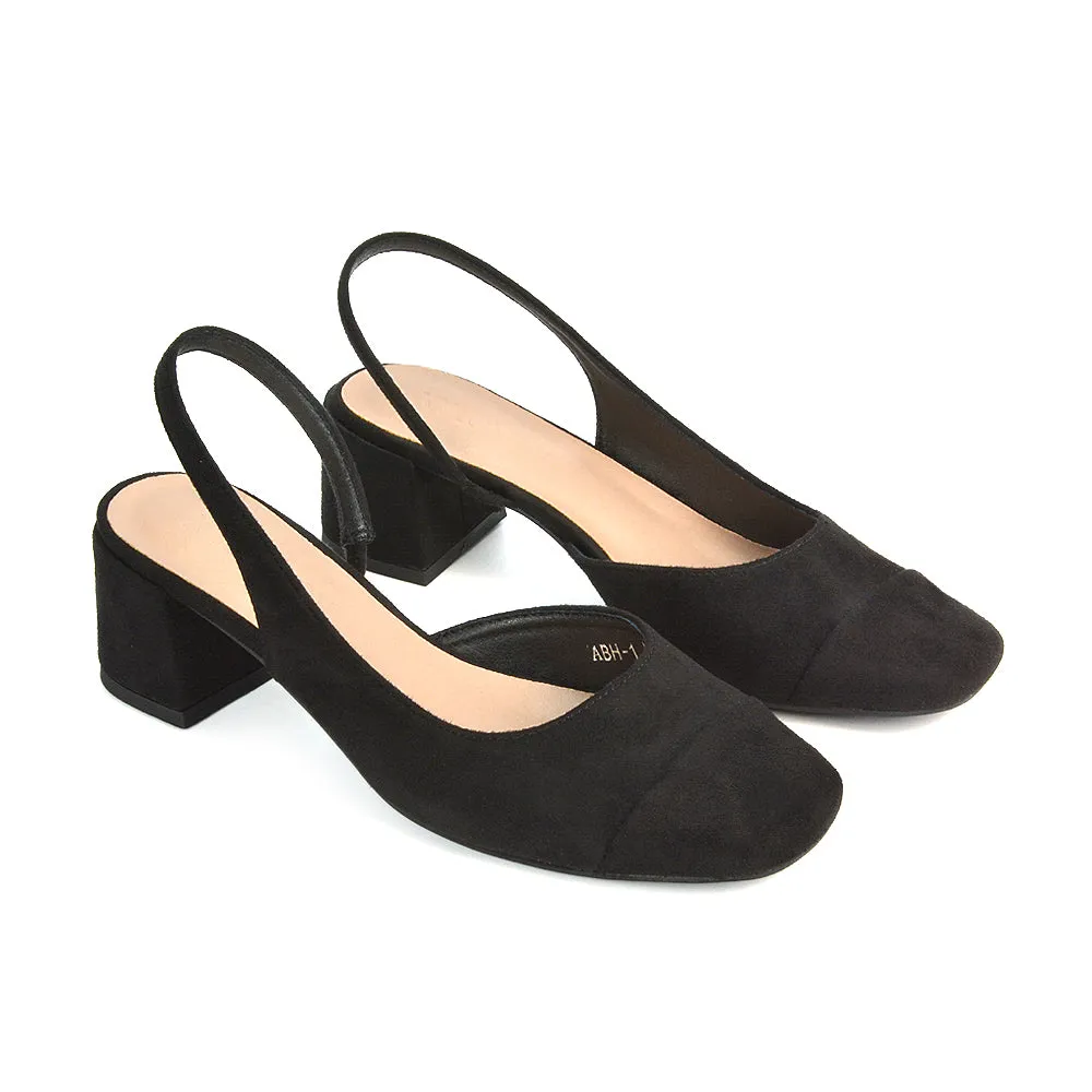 Kyla Low Block Heels Square Toe Slingback Court Shoes in Black Faux Suede sold by XYlondon product image thumbnail 5