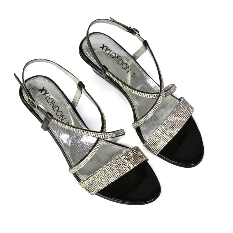 Ocean Sparkly Gem Crystal Diamante Ankle Strap Wedge Heel Sandals in Black sold by XYlondon