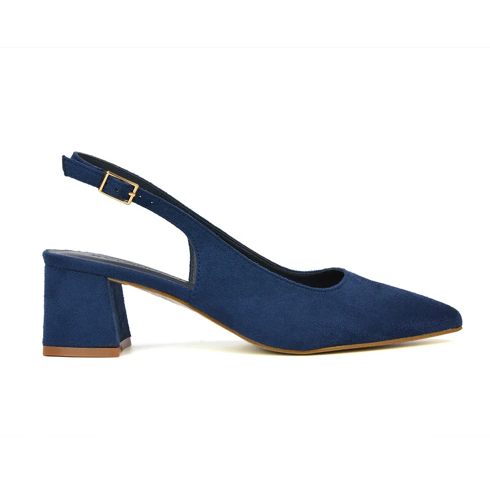 Devon Low Block Heel Slingback Pointed Toe Shoes in Navy Faux Suede sold by XYlondon