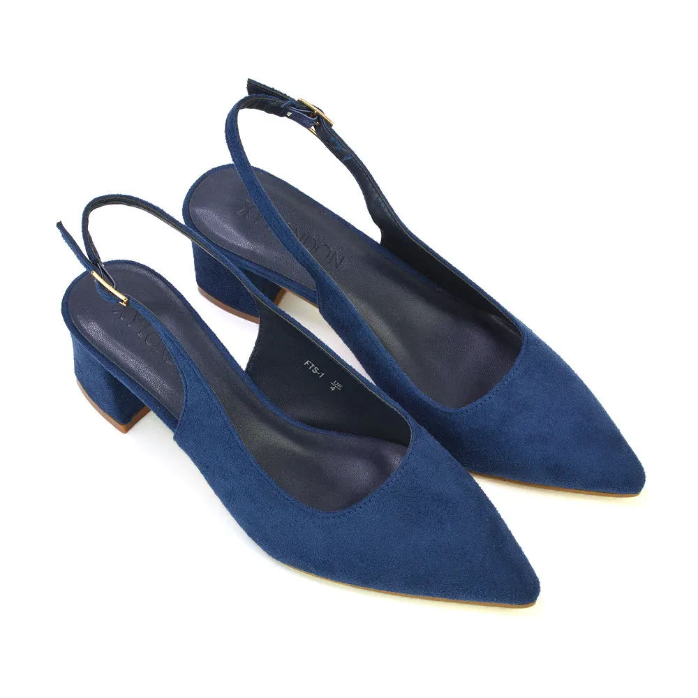 Devon Low Block Heel Slingback Pointed Toe Shoes in Navy Faux Suede sold by XYlondon product image thumbnail 2