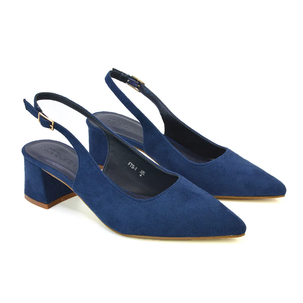 Devon Low Block Heel Slingback Pointed Toe Shoes in Navy Faux Suede sold by XYlondon product image thumbnail 3