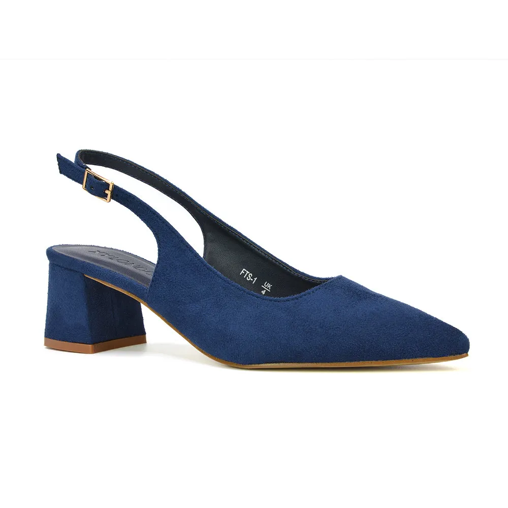 Devon Low Block Heel Slingback Pointed Toe Shoes in Navy Faux Suede sold by XYlondon product image thumbnail 4