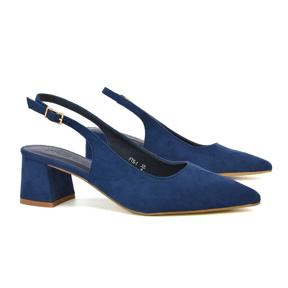Devon Low Block Heel Slingback Pointed Toe Shoes in Navy Faux Suede sold by XYlondon product image thumbnail 5