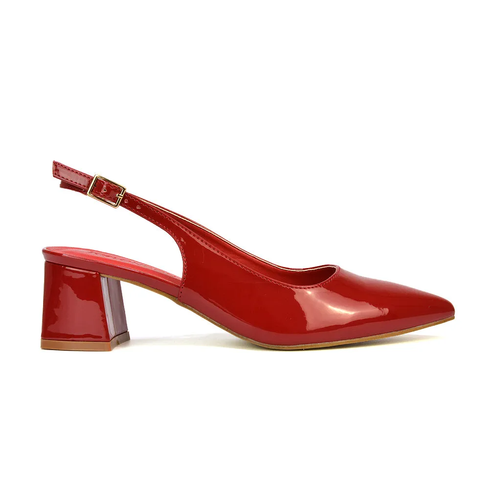 Devon Low Block Heel Slingback Pointed Toe Shoes in Red Patent sold by XYlondon
