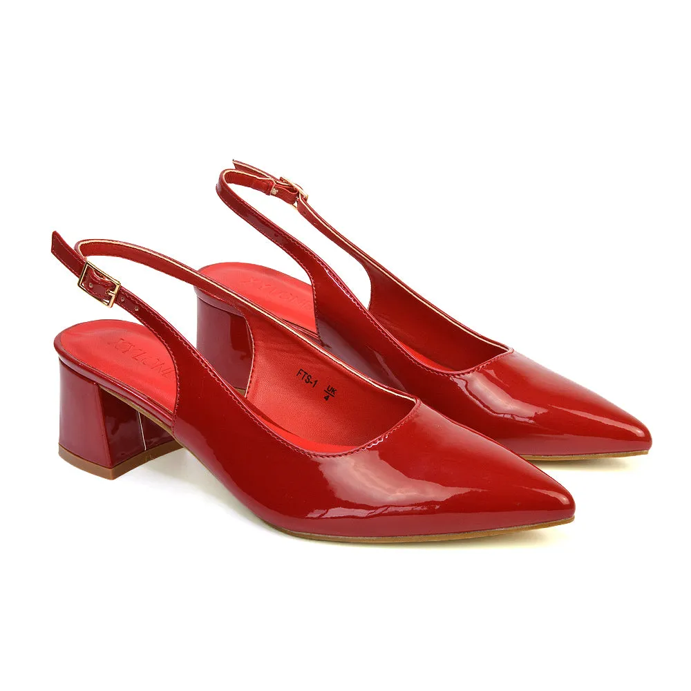 Devon Low Block Heel Slingback Pointed Toe Shoes in Red Patent sold by XYlondon product image thumbnail 2
