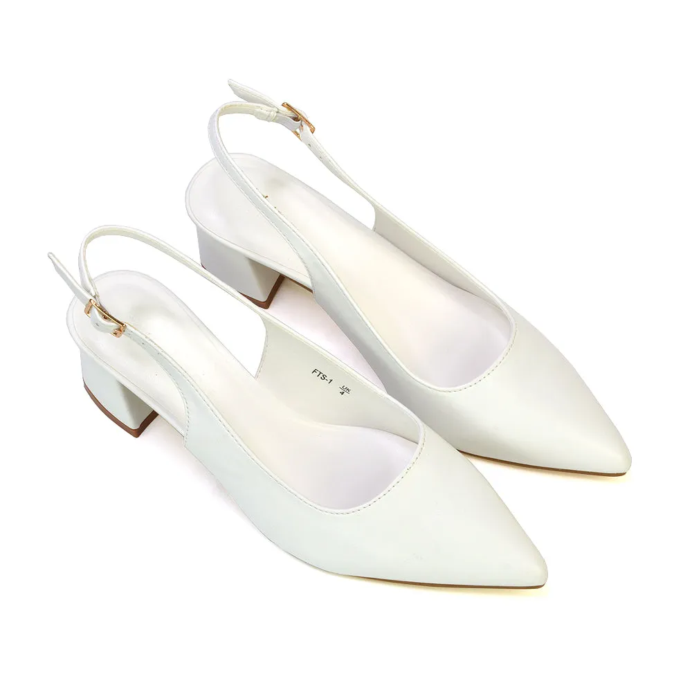 Devon Low Block Heel Slingback Pointed Toe Shoes in White Synthetic Leather sold by XYlondon product image thumbnail 5