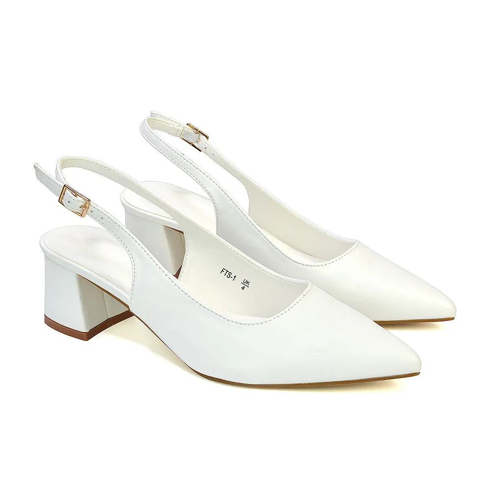 Devon Low Block Heel Slingback Pointed Toe Shoes in White Synthetic Leather sold by XYlondon product image thumbnail 3