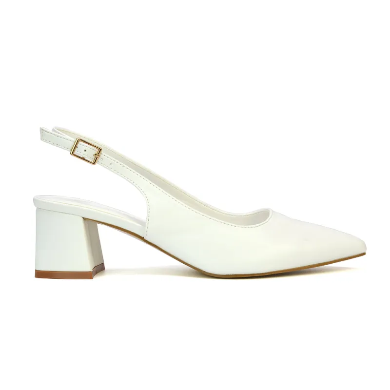 Devon Low Block Heel Slingback Pointed Toe Shoes in White Synthetic Leather sold by XYlondon