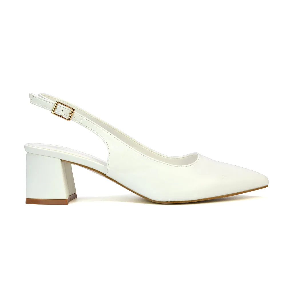 Devon Low Block Heel Slingback Pointed Toe Shoes in White Synthetic Leather sold by XYlondon