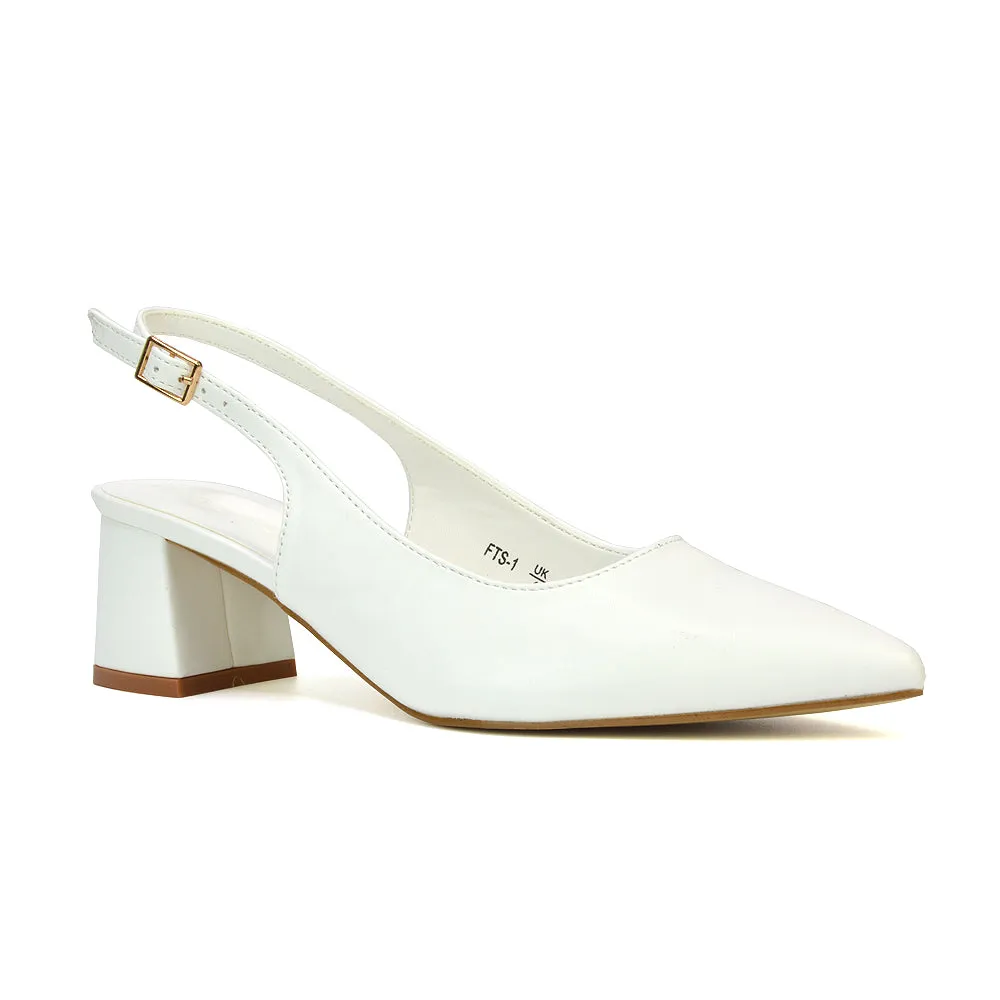 Devon Low Block Heel Slingback Pointed Toe Shoes in White Synthetic Leather sold by XYlondon product image thumbnail 2