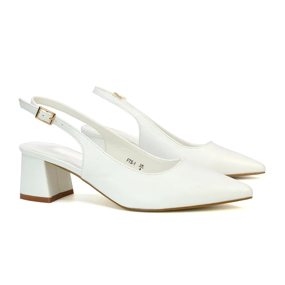 Devon Low Block Heel Slingback Pointed Toe Shoes in White Synthetic Leather sold by XYlondon product image thumbnail 4