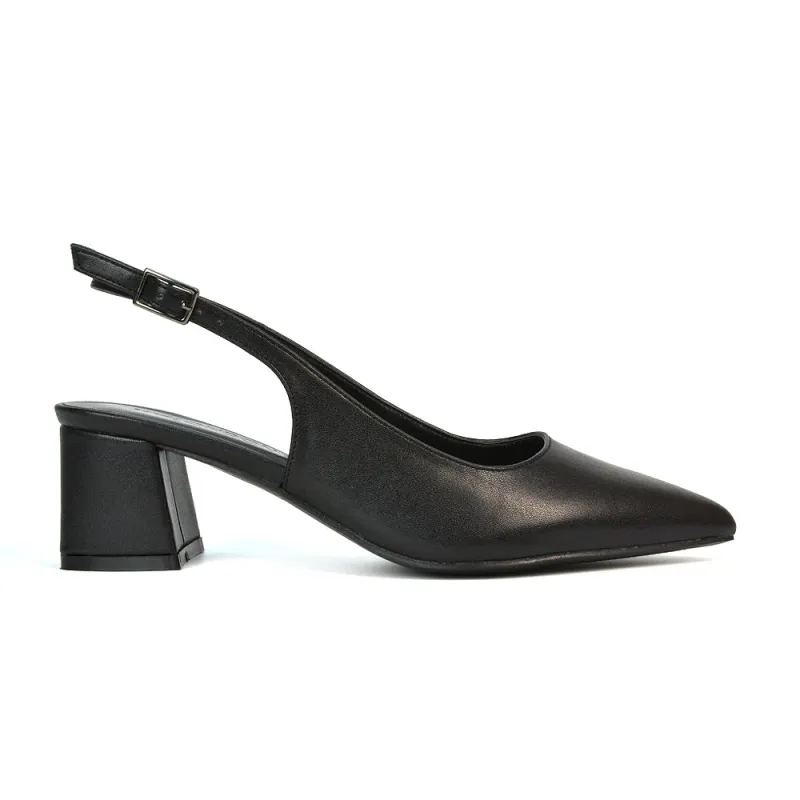Devon Low Block Heel Slingback Pointed Toe Shoes in Black Synthetic Leather sold by XYlondon