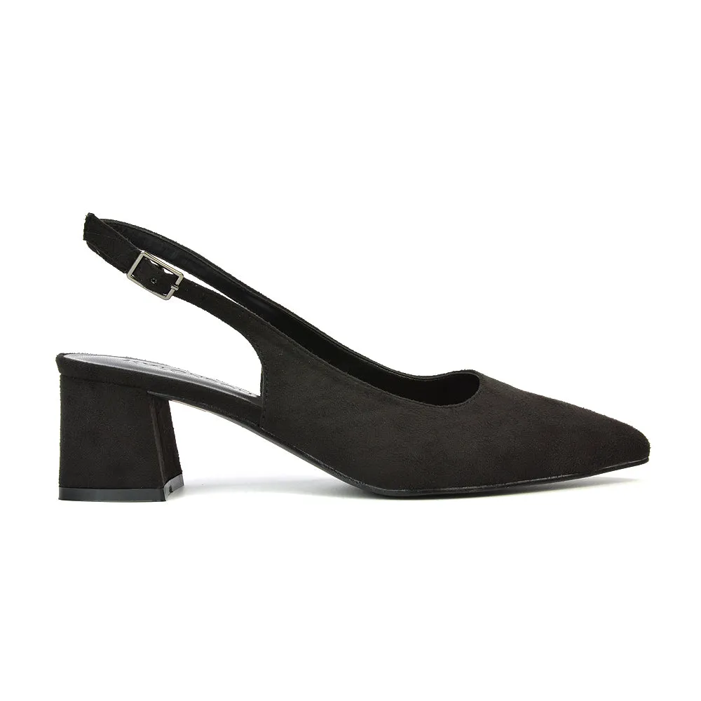 Devon Low Block Heel Slingback Pointed Toe Shoes in Black Faux Suede sold by XYlondon