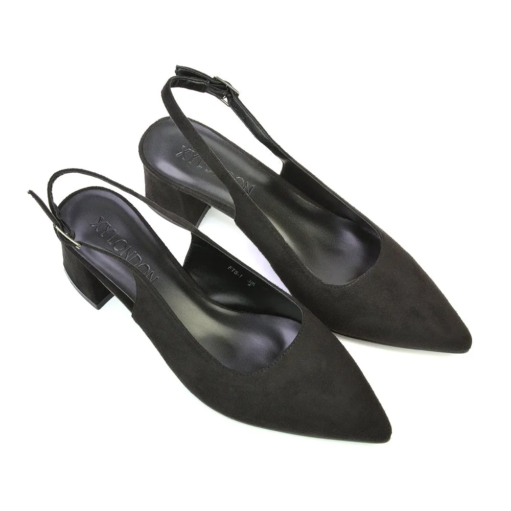 Devon Low Block Heel Slingback Pointed Toe Shoes in Black Faux Suede sold by XYlondon product image thumbnail 4
