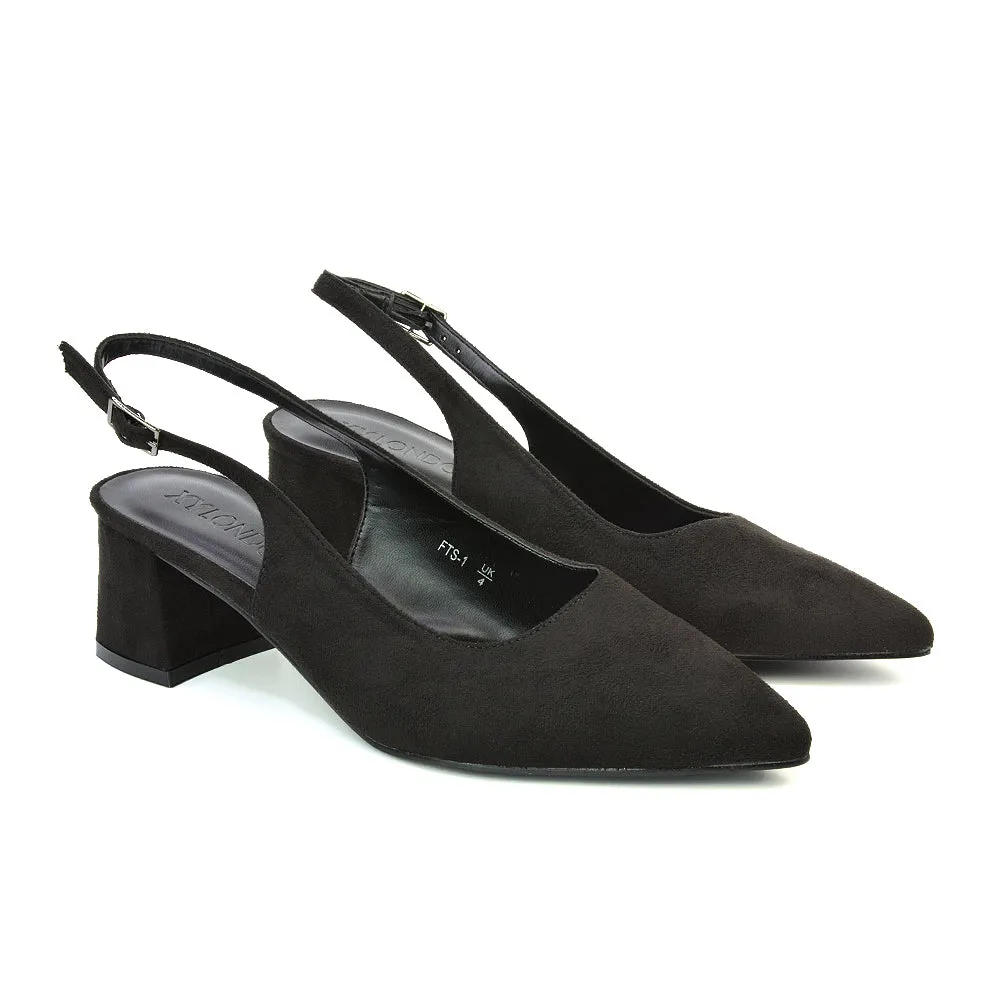 Devon Low Block Heel Slingback Pointed Toe Shoes in Black Faux Suede sold by XYlondon product image thumbnail 5