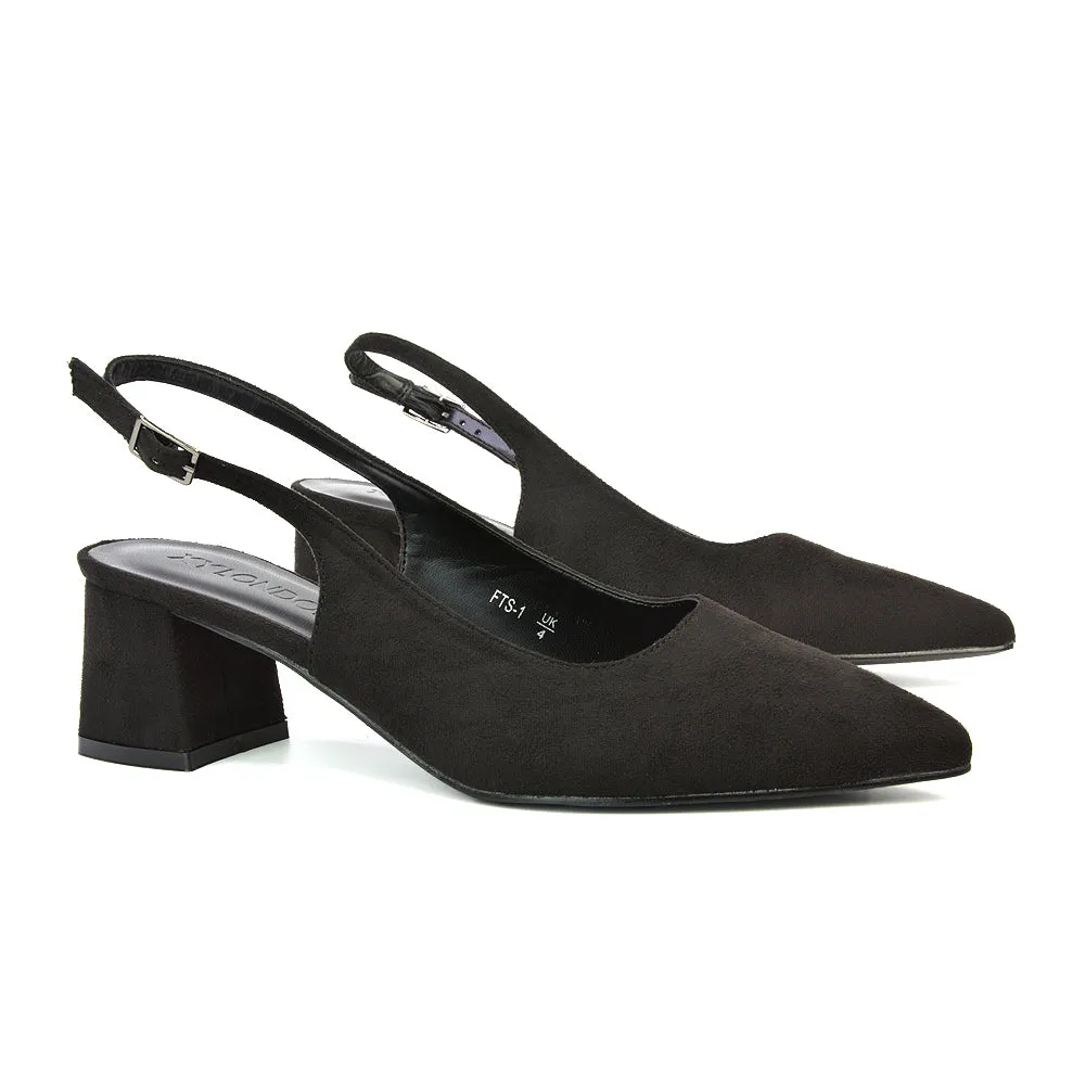 Devon Low Block Heel Slingback Pointed Toe Shoes in Black Faux Suede sold by XYlondon product image thumbnail 3