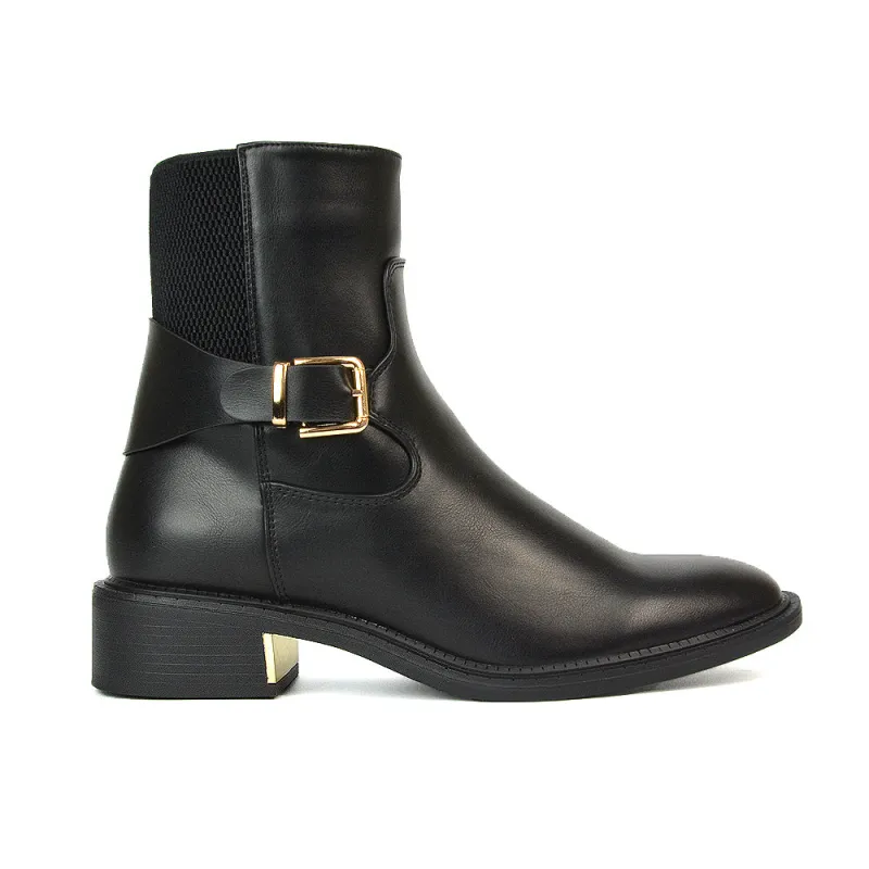 Maisie Flat Block Heel Stretch Buckle Detail Chelsea Ankle Boots in Black Synthetic Leather sold by XYlondon