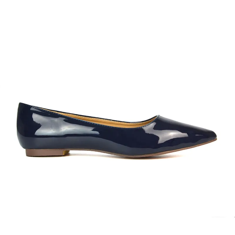 Cordelia Pointed Toe Flat Heel Ballerina Pump Shoes in Navy Patent sold by XYlondon