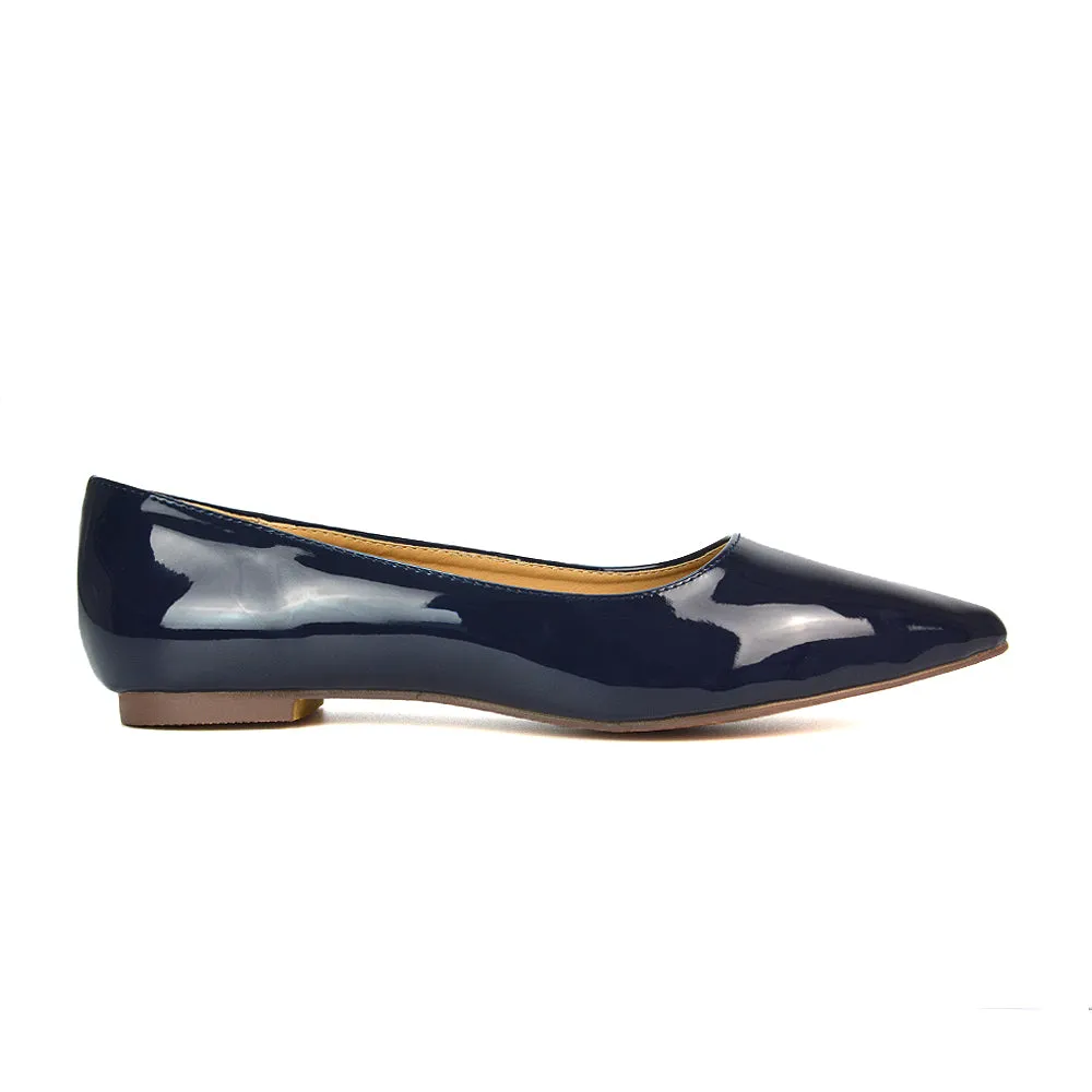 Cordelia Pointed Toe Flat Heel Ballerina Pump Shoes in Navy Patent sold by XYlondon