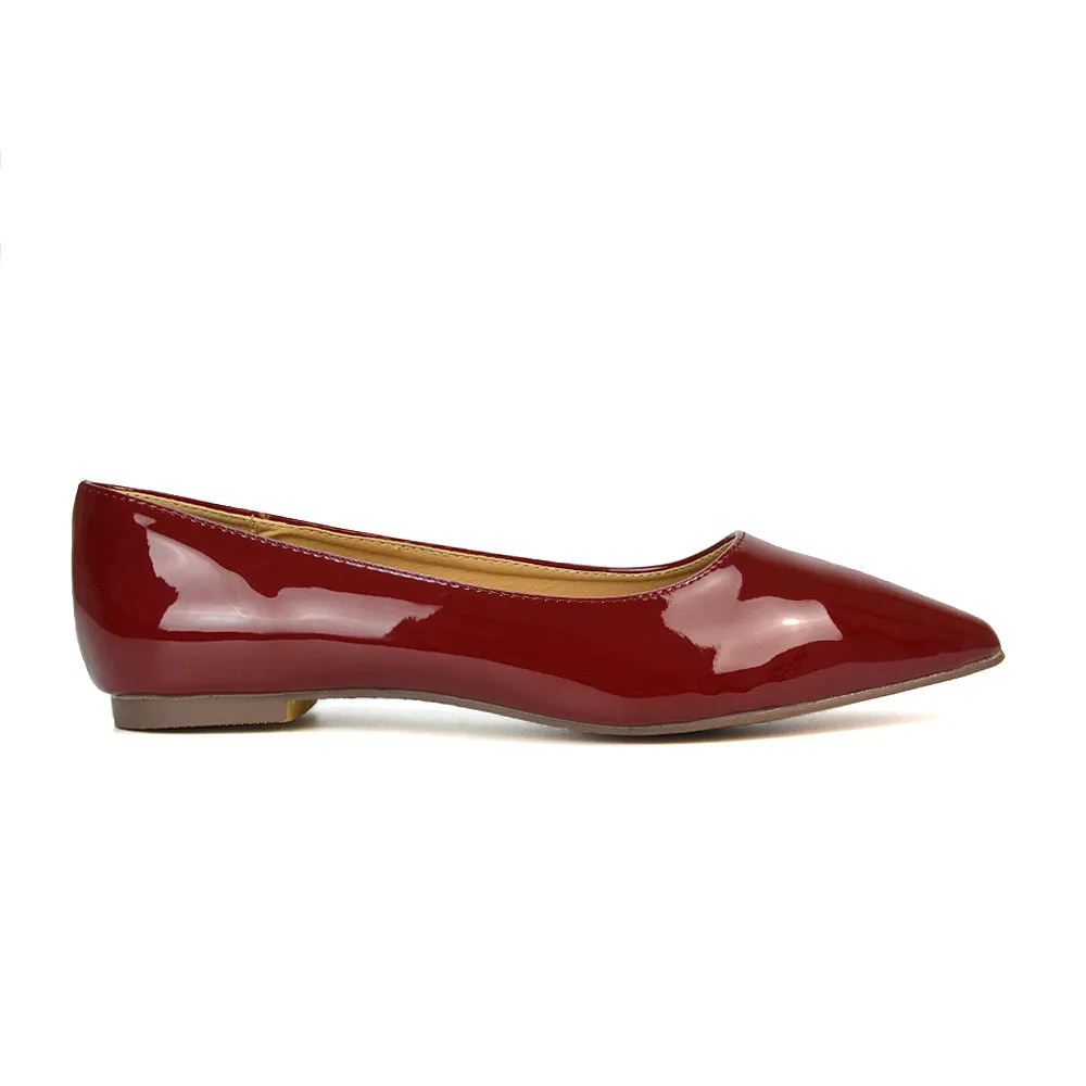 Cordelia Pointed Toe Flat Heel Ballerina Pump Shoes in Cherry Red Patent sold by XYlondon