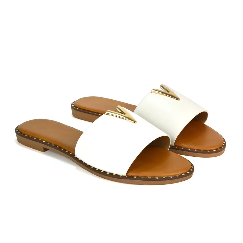 Rorie Faux Leather Slip On Cut Out Holiday Flat Sandal Sliders in White sold by XYlondon