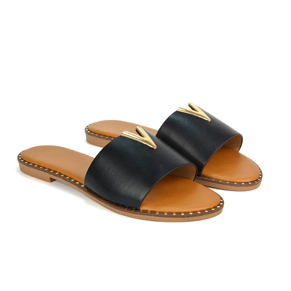 Rorie Faux Leather Slip On Cut Out Holiday Flat Sandal Sliders in Black sold by XYlondon