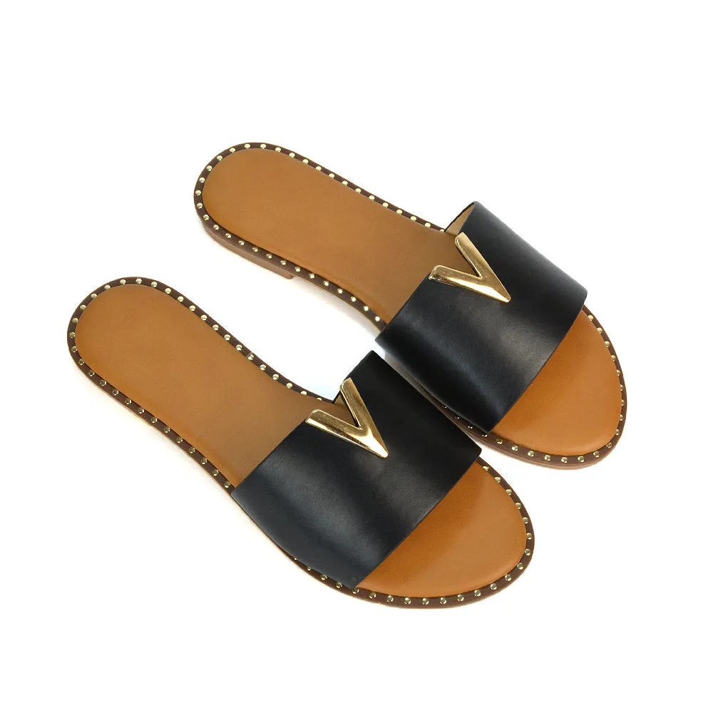 Rorie Faux Leather Slip On Cut Out Holiday Flat Sandal Sliders in Black sold by XYlondon product image thumbnail 4
