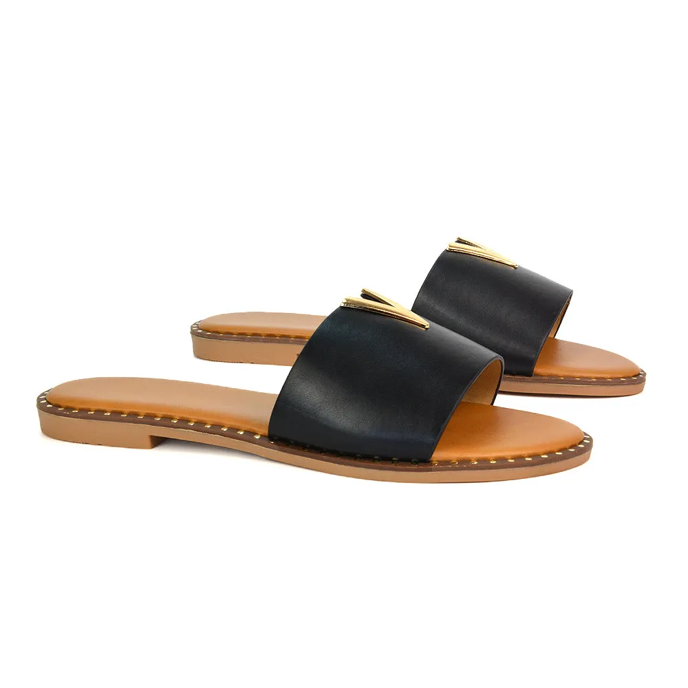 Rorie Faux Leather Slip On Cut Out Holiday Flat Sandal Sliders in Black sold by XYlondon product image thumbnail 5