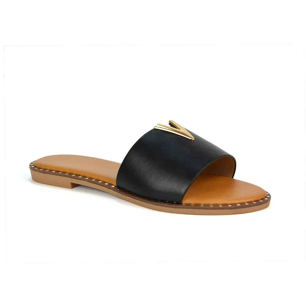 Rorie Faux Leather Slip On Cut Out Holiday Flat Sandal Sliders in Black sold by XYlondon product image thumbnail 2