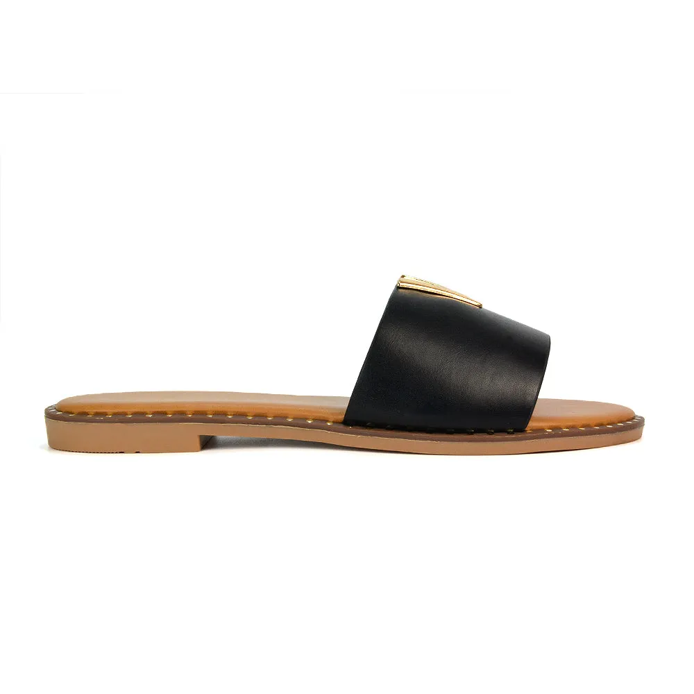 Rorie Faux Leather Slip On Cut Out Holiday Flat Sandal Sliders in Black sold by XYlondon product image thumbnail 3