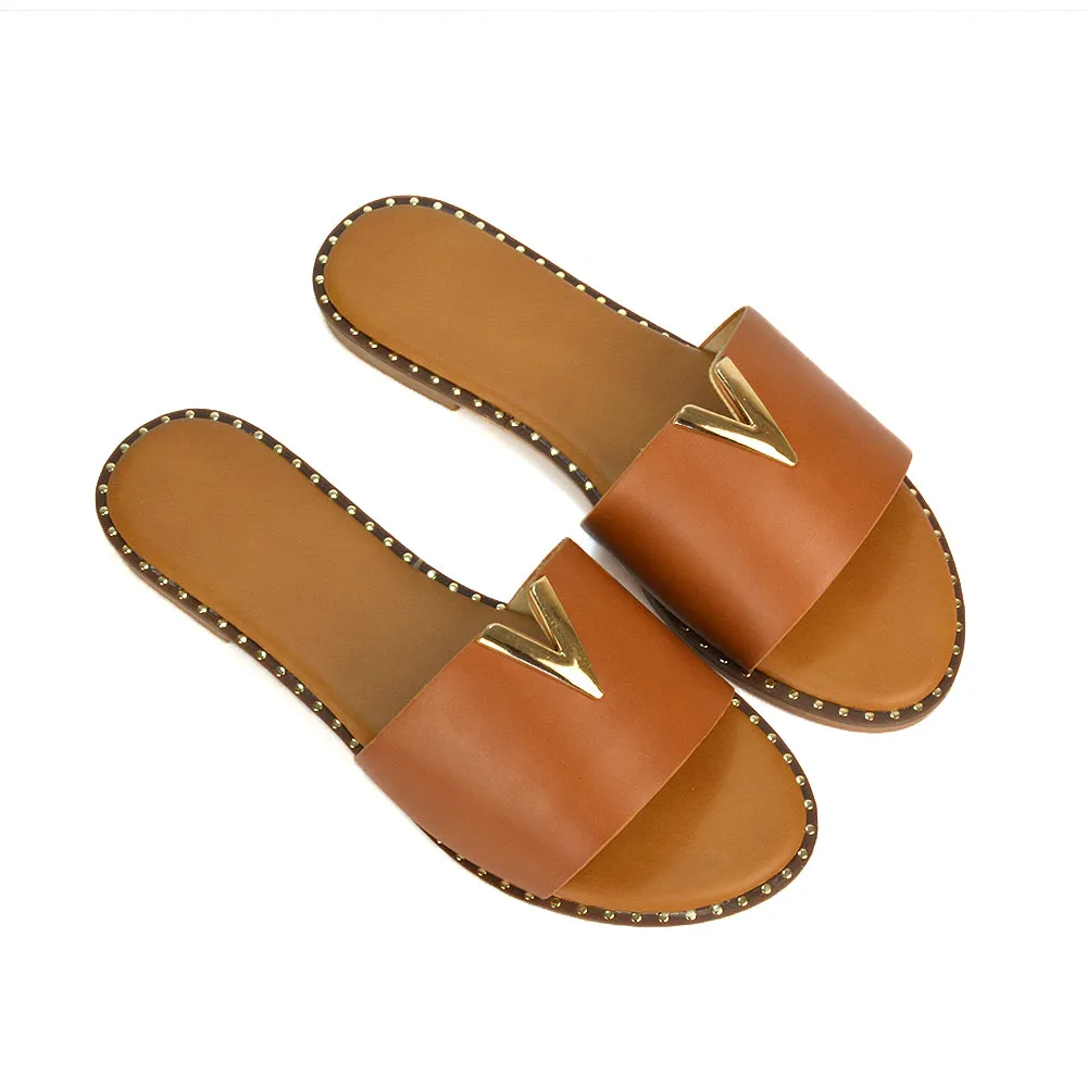 Rorie Faux Leather Slip On Cut Out Holiday Flat Sandal Sliders in Tan sold by XYlondon product image thumbnail 4