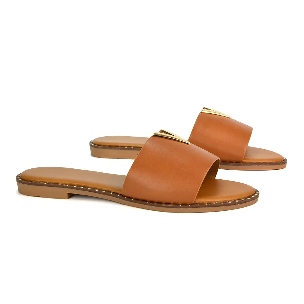 Rorie Faux Leather Slip On Cut Out Holiday Flat Sandal Sliders in Tan sold by XYlondon product image thumbnail 5