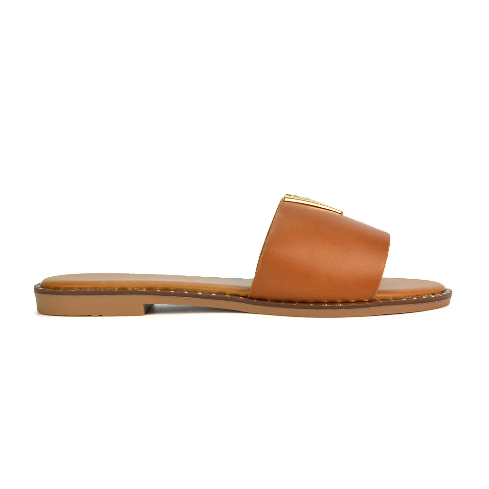 Rorie Faux Leather Slip On Cut Out Holiday Flat Sandal Sliders in Tan sold by XYlondon product image thumbnail 3