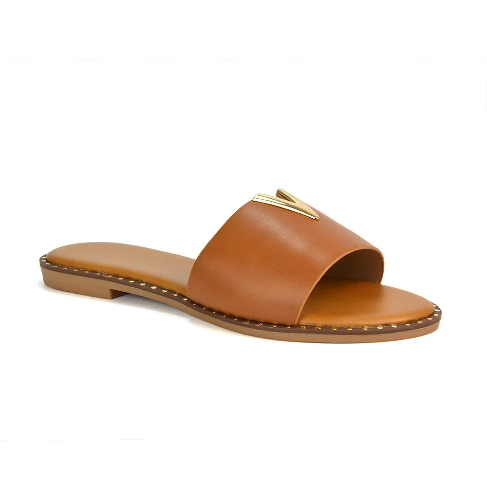 Rorie Faux Leather Slip On Cut Out Holiday Flat Sandal Sliders in Tan sold by XYlondon product image thumbnail 2