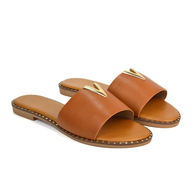 Rorie Faux Leather Slip On Cut Out Holiday Flat Sandal Sliders in Tan sold by XYlondon