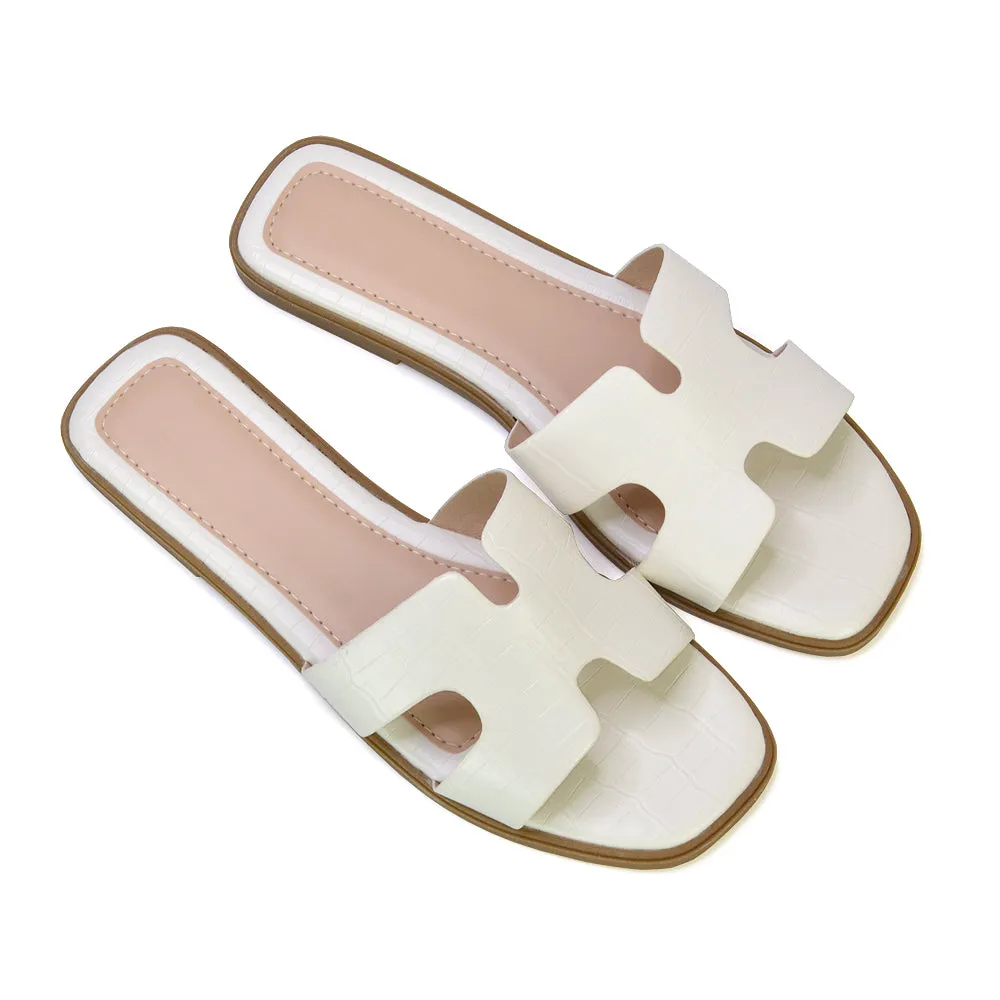 Leanna Cut Out Slip On Square Toe Flat Sandals Sliders in White Croc sold by XYlondon product image thumbnail 2