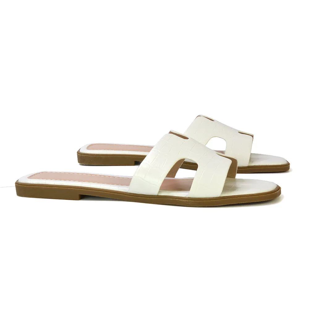 Leanna Cut Out Slip On Square Toe Flat Sandals Sliders in White Croc sold by XYlondon product image thumbnail 3