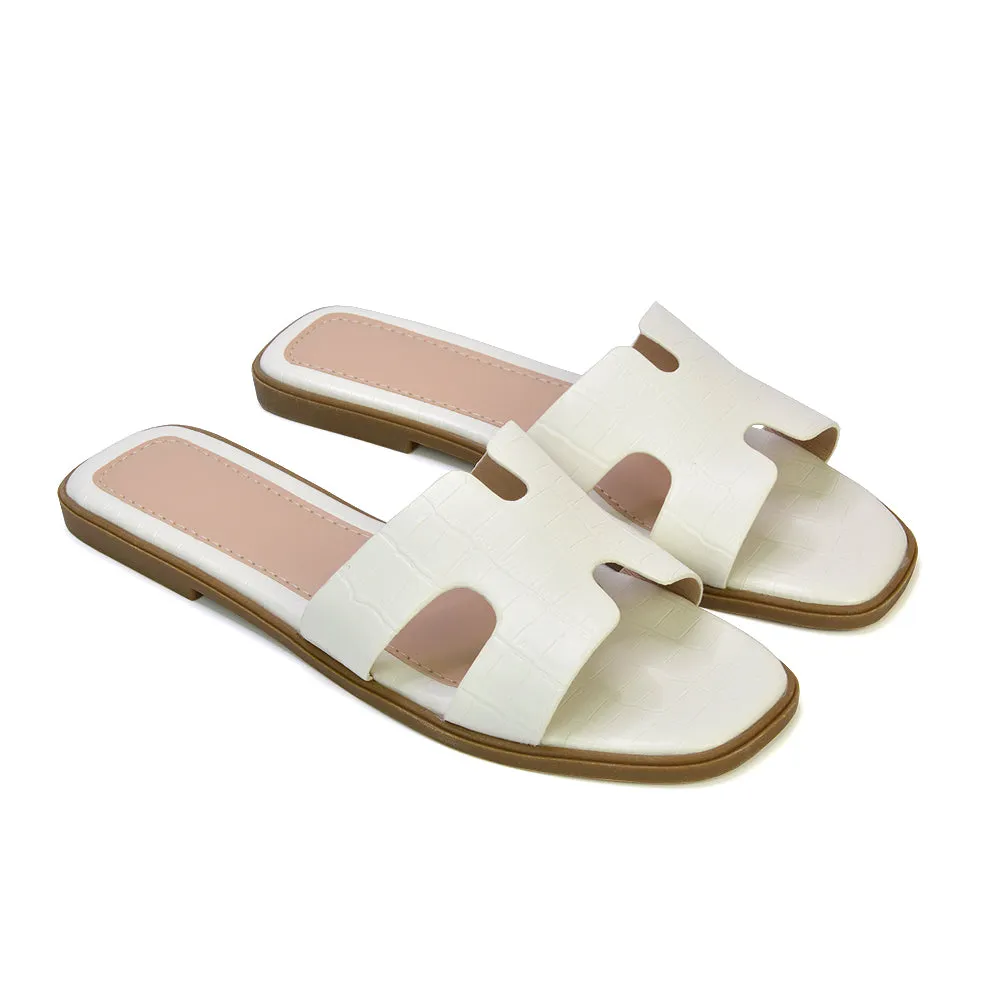 Leanna Cut Out Slip On Square Toe Flat Sandals Sliders in White Croc sold by XYlondon product image thumbnail 4