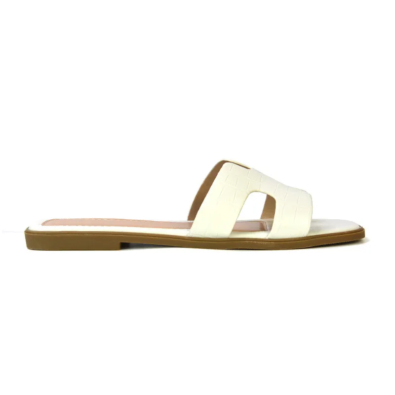 Leanna Cut Out Slip On Square Toe Flat Sandals Sliders in White Croc sold by XYlondon