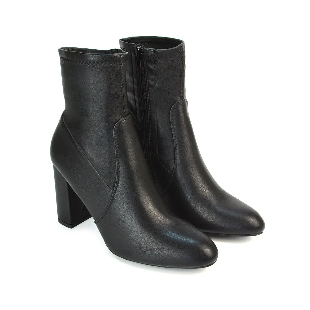 Harleigh Block High Heel Zip Up Sock Ankle Boots in Black Synthetic Leather sold by XYlondon product image thumbnail 4