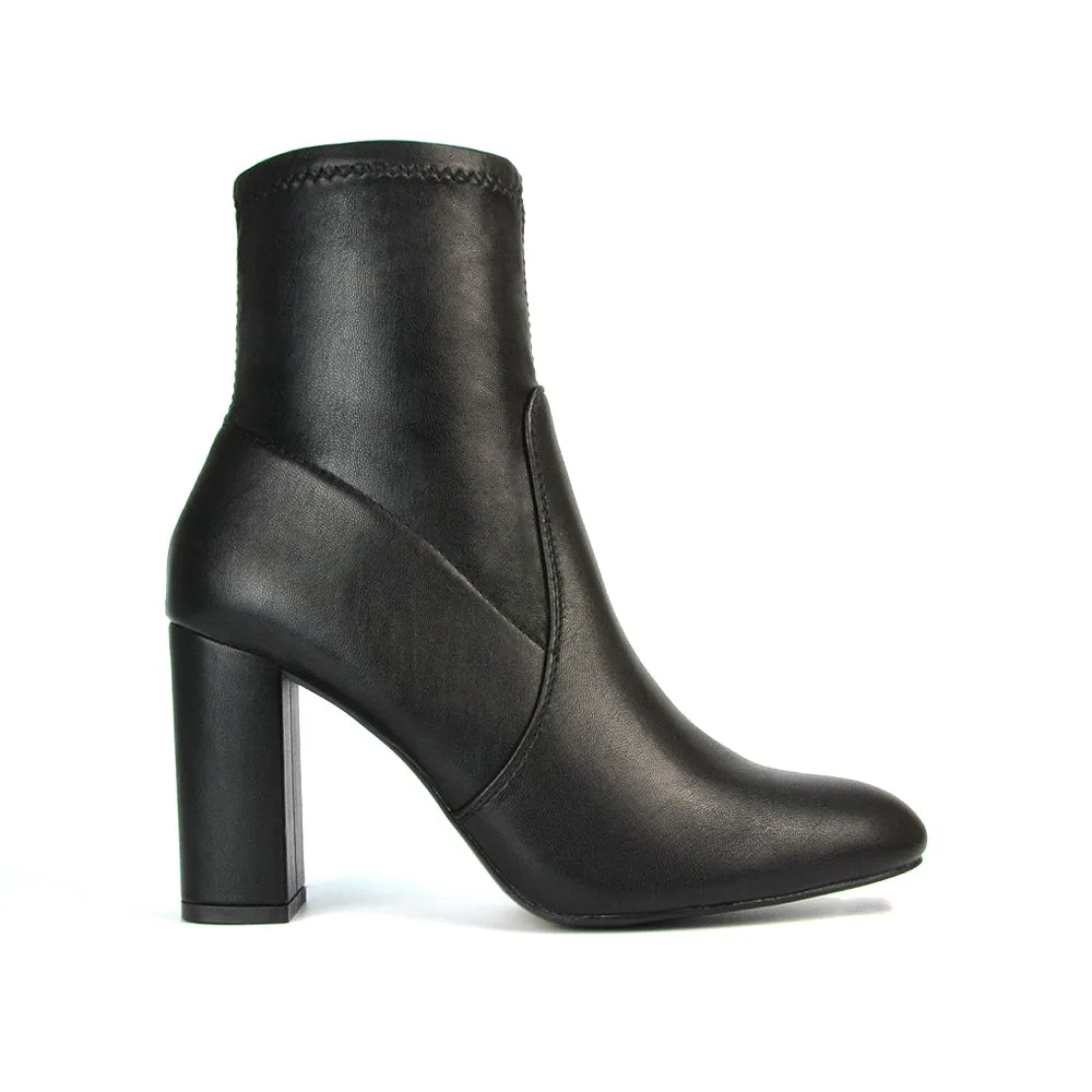 Harleigh Block High Heel Zip Up Sock Ankle Boots in Black Synthetic Leather sold by XYlondon